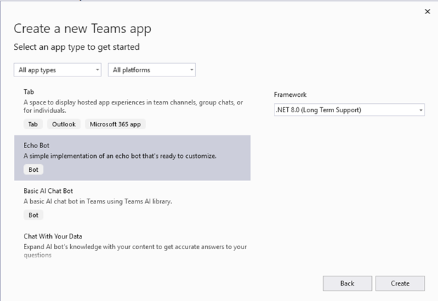 Visual Studio - Teams Toolkit - Create Bot