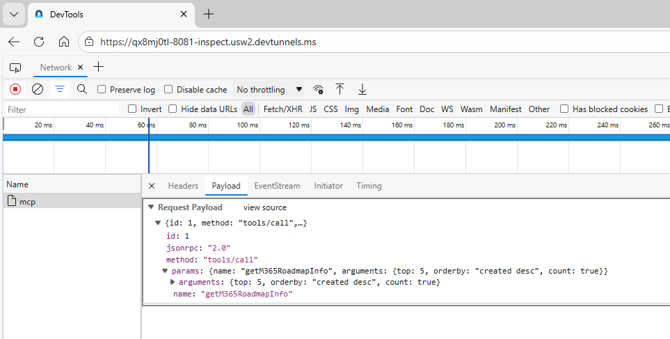 Dev Tunnel Inspection showing MCP server request