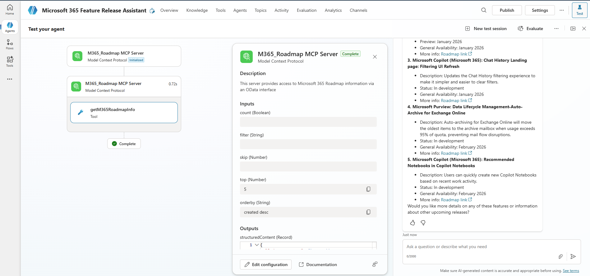 Copilot Studio Test Chat showing roadmap items